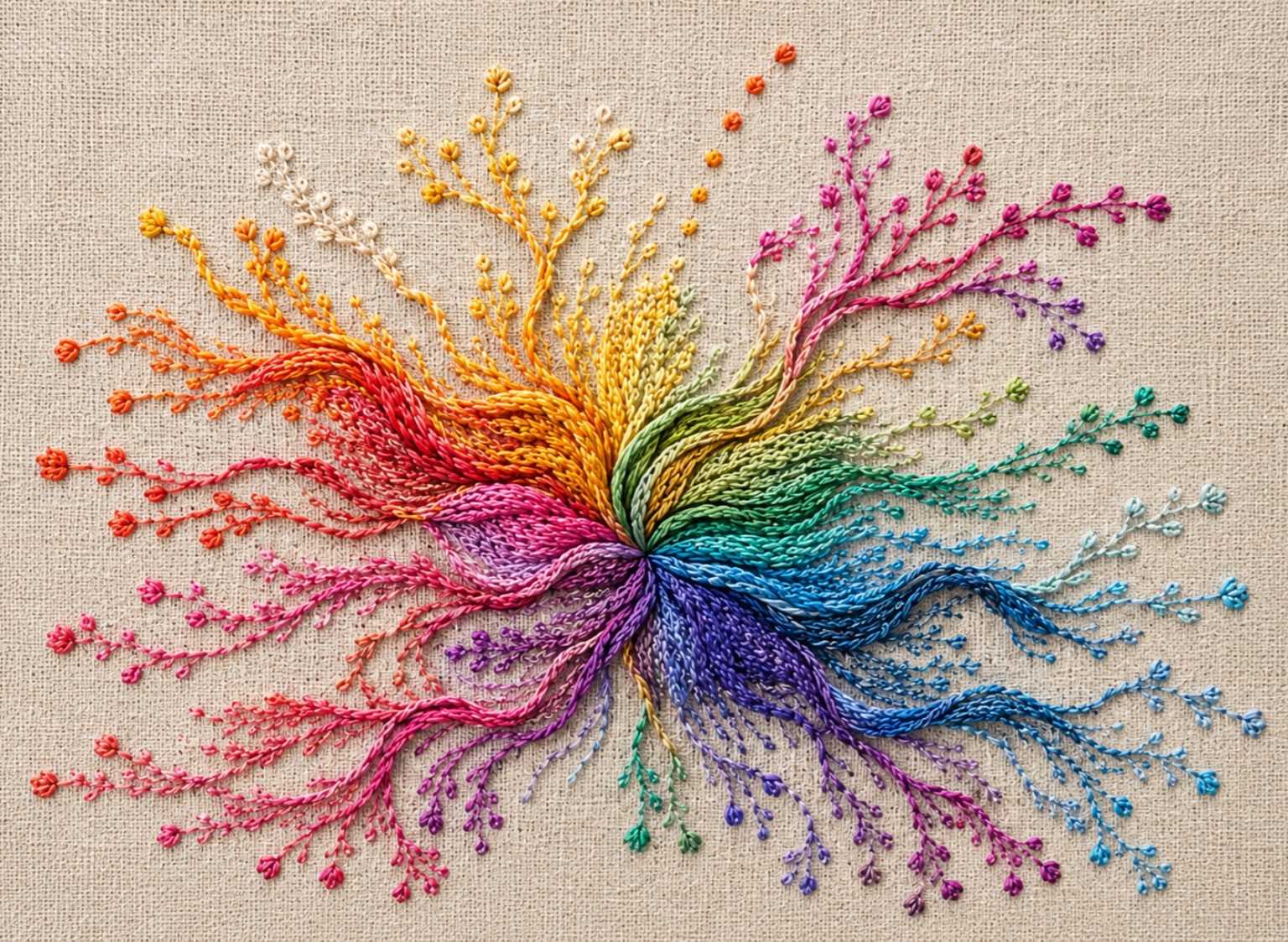 Composición orgánica bordada en múltiples colores sobre una trama de lino