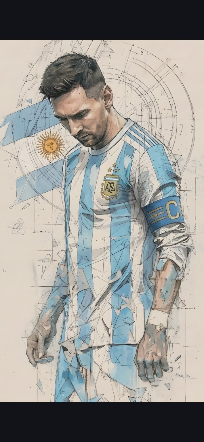 Ilustración de Lionel Messi construida con líneas, geometría y color celeste