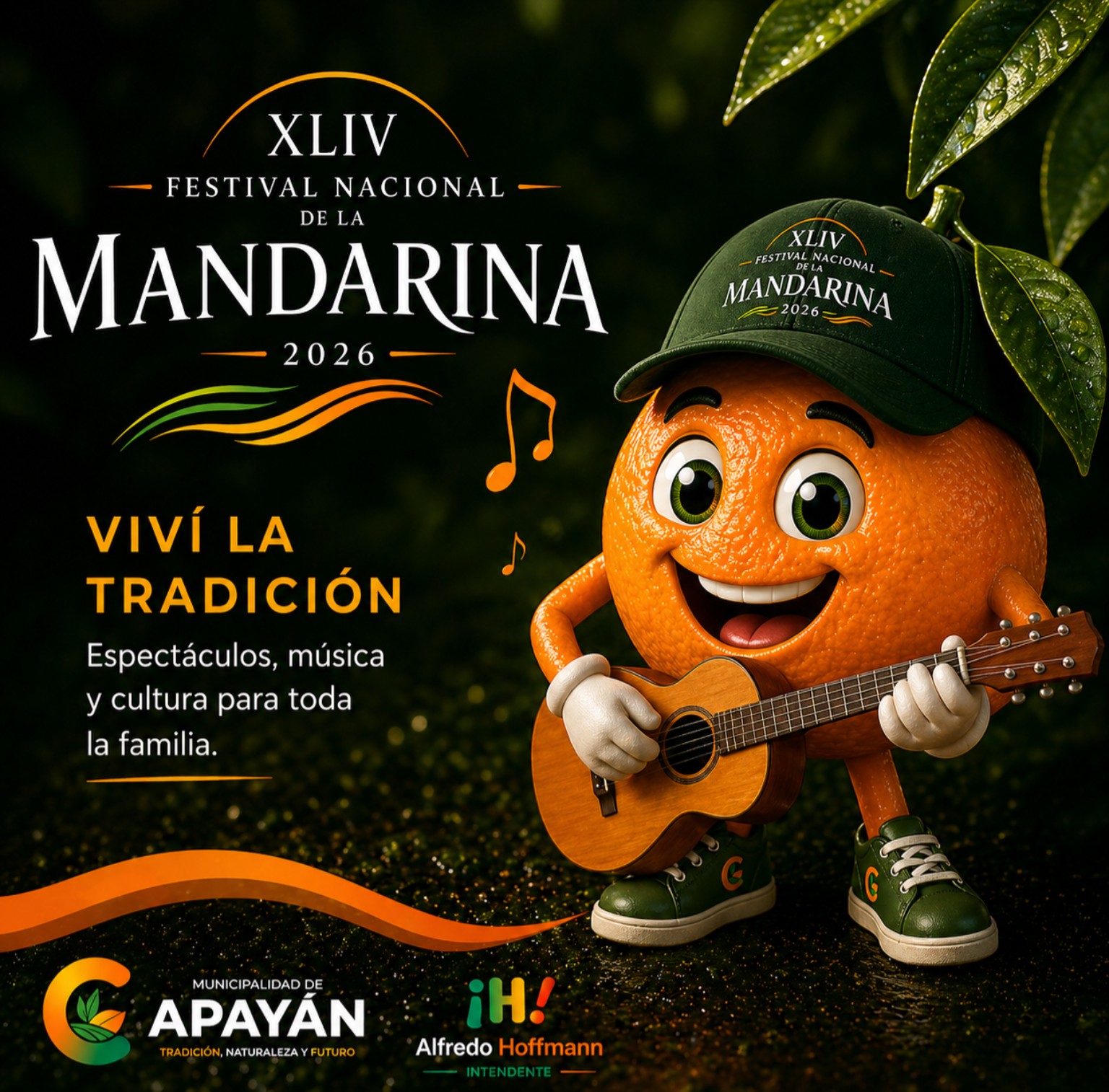 Personaje mandarina con guitarra para el Festival Nacional de la Mandarina